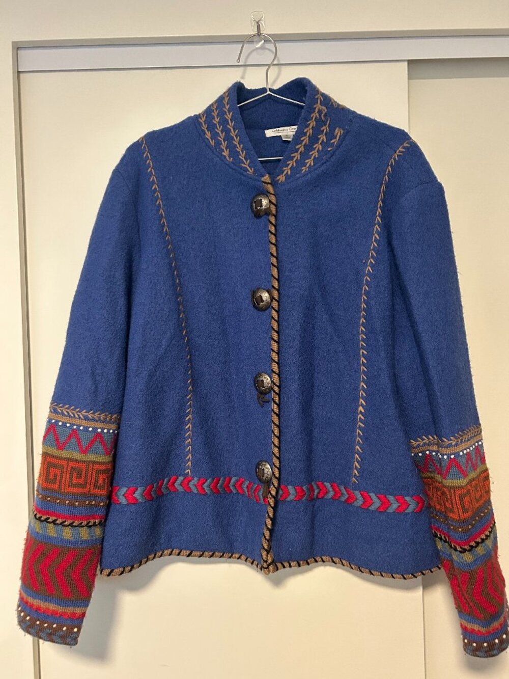 Coldwater Creek Blue Southwestern Knit Sleeve Jacket, Size XL